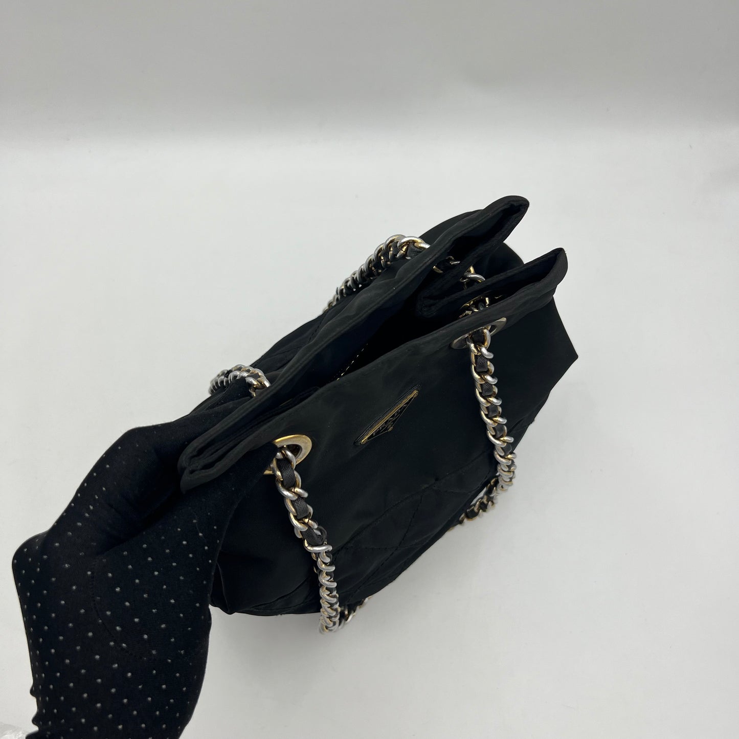 Prada Black Quilted Nylon Bucket Open Chain Bag GHW