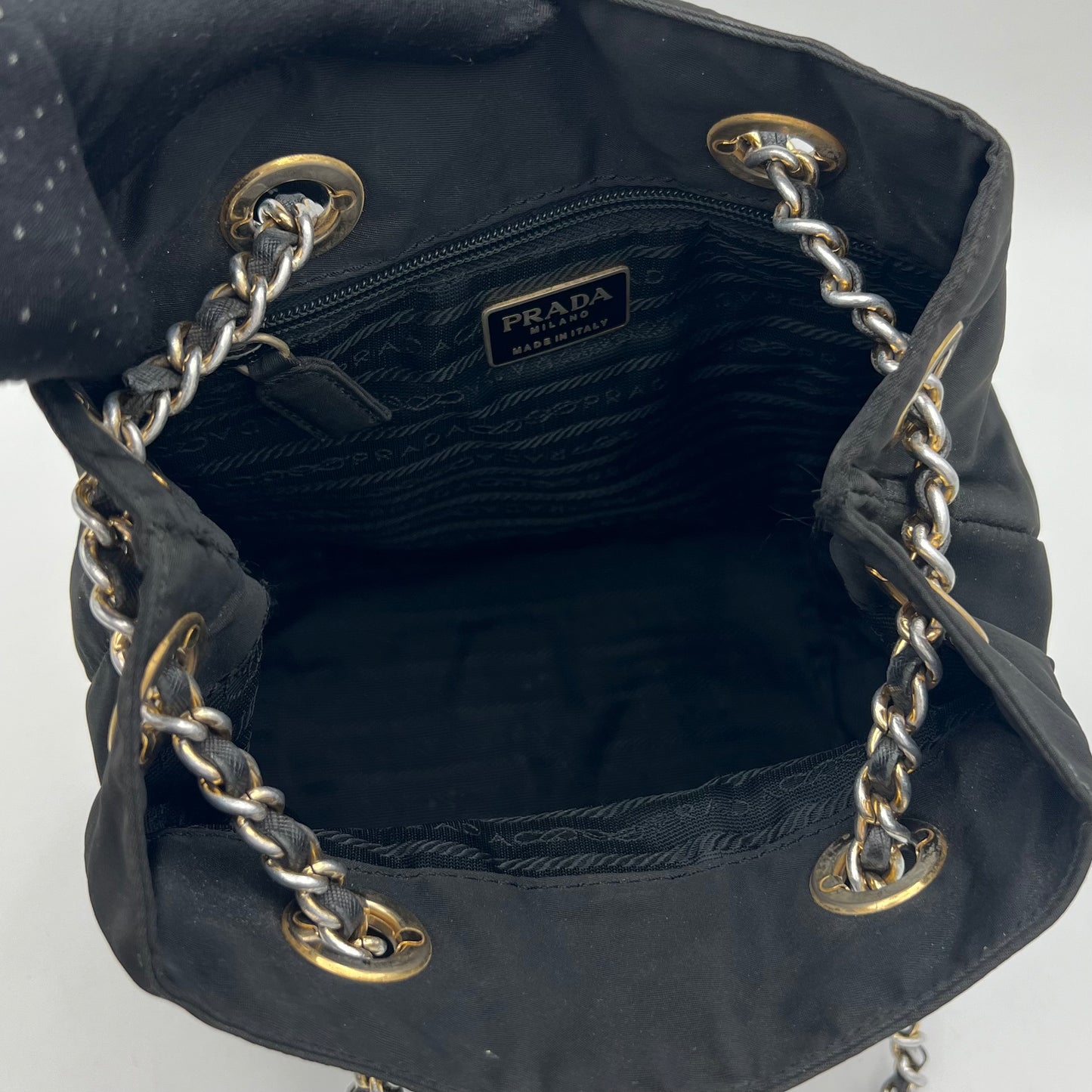 Prada Black Quilted Nylon Bucket Open Chain Bag GHW