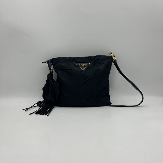 Prada Black Tessuto Stropicciato Tassel Crossbody