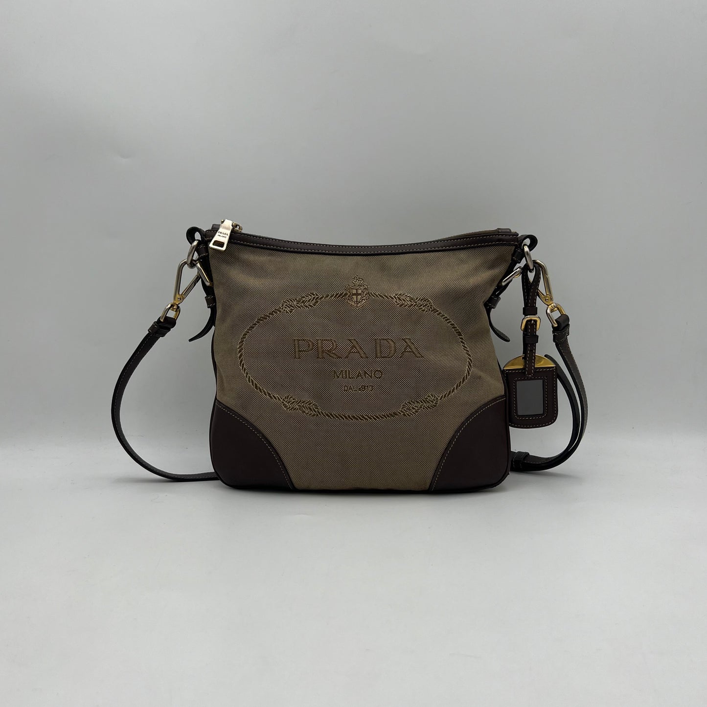 Prada Beige Jacquard Logo Brown Leather Hobo Crossbody