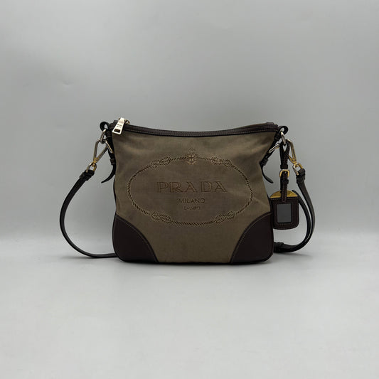 Prada Beige Jacquard Logo Brown Leather Hobo Crossbody