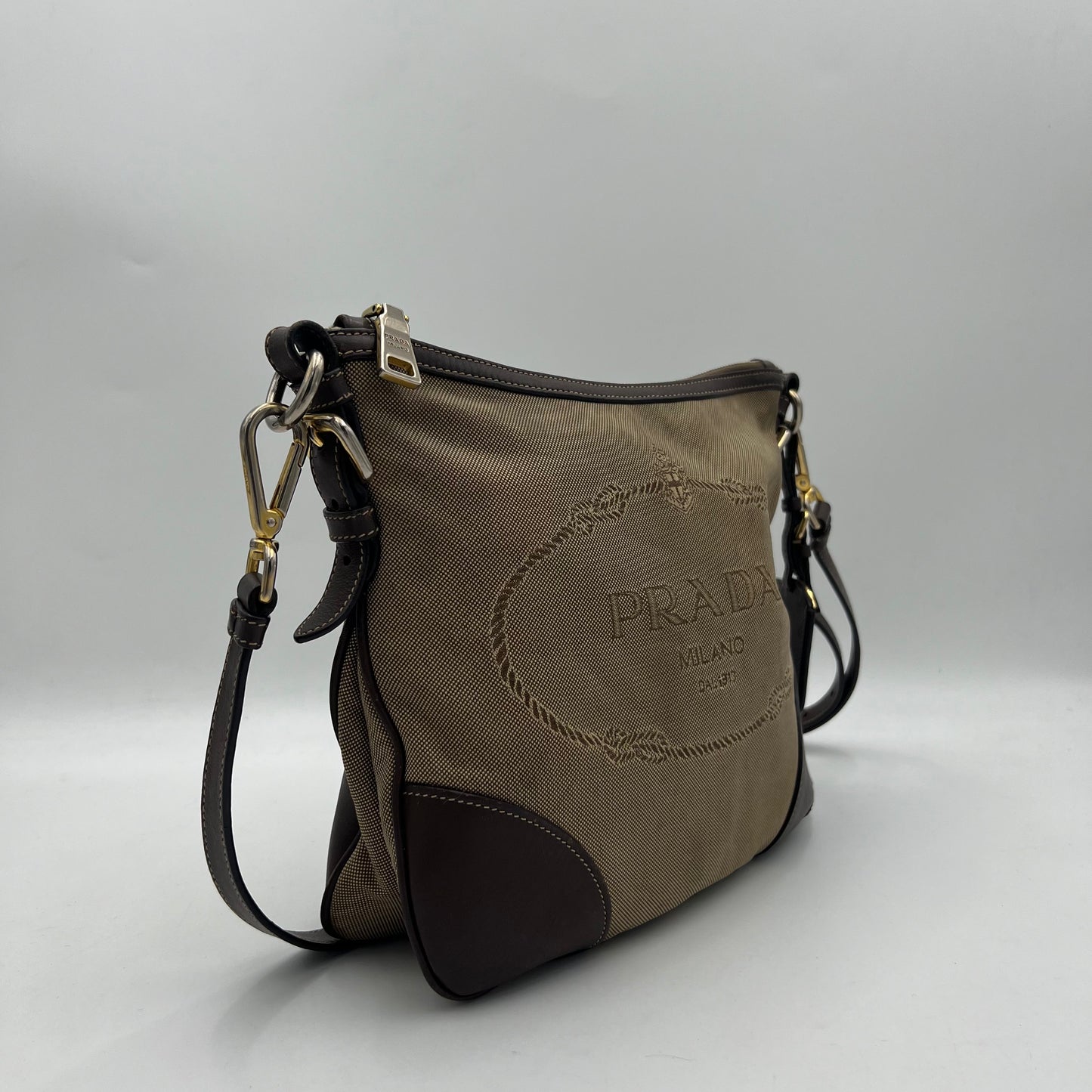 Prada Beige Jacquard Logo Brown Leather Hobo Crossbody