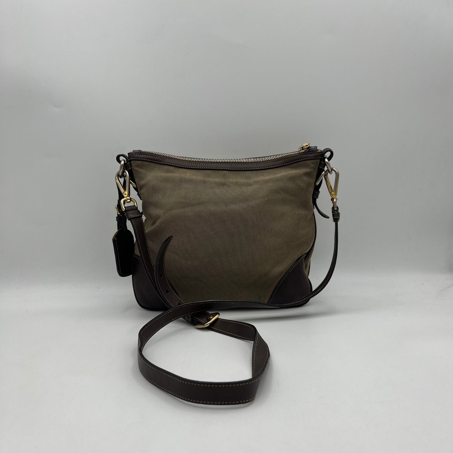 Prada Beige Jacquard Logo Brown Leather Hobo Crossbody