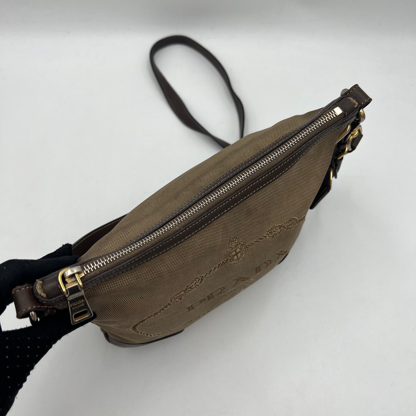 Prada Beige Jacquard Logo Brown Leather Hobo Crossbody