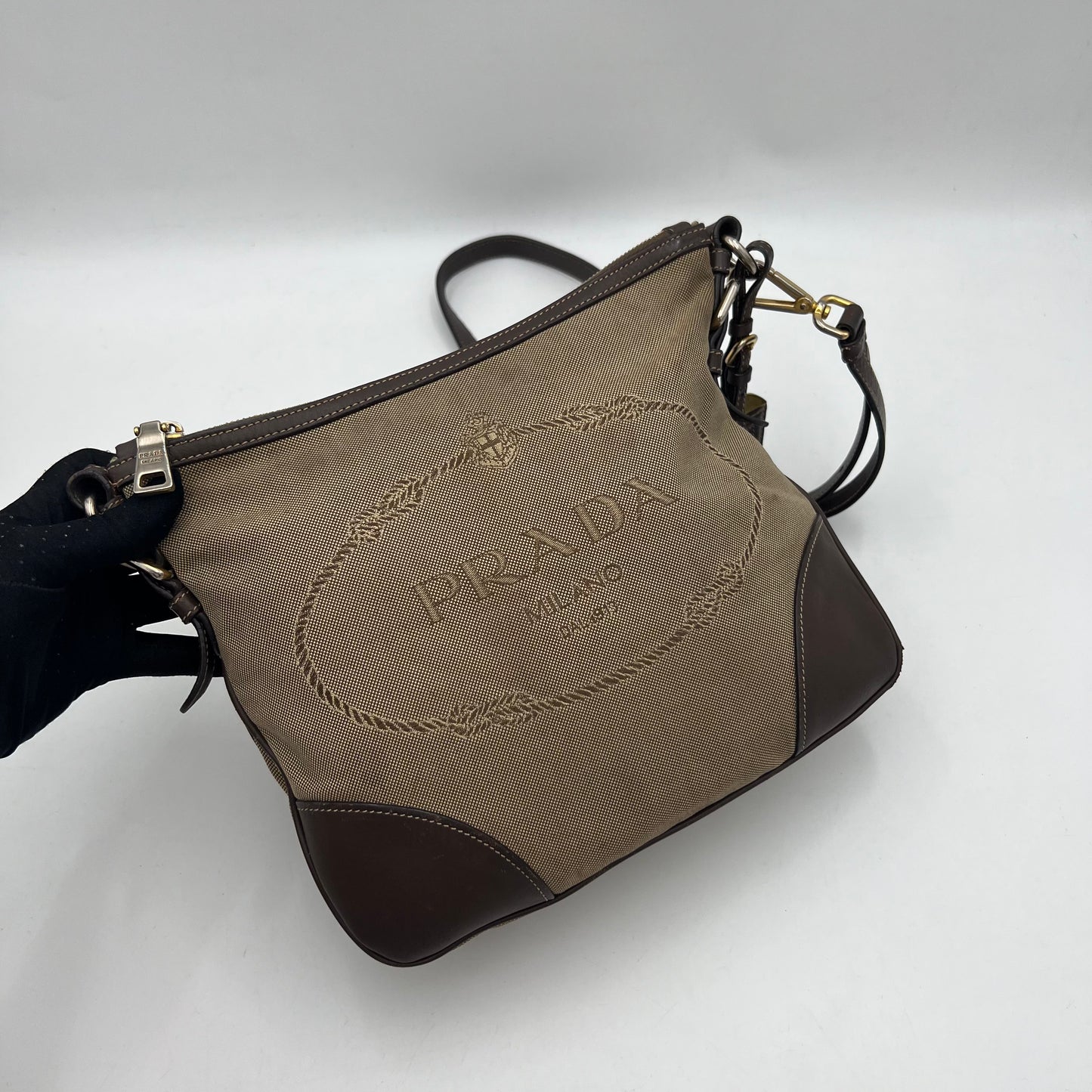 Prada Beige Jacquard Logo Brown Leather Hobo Crossbody