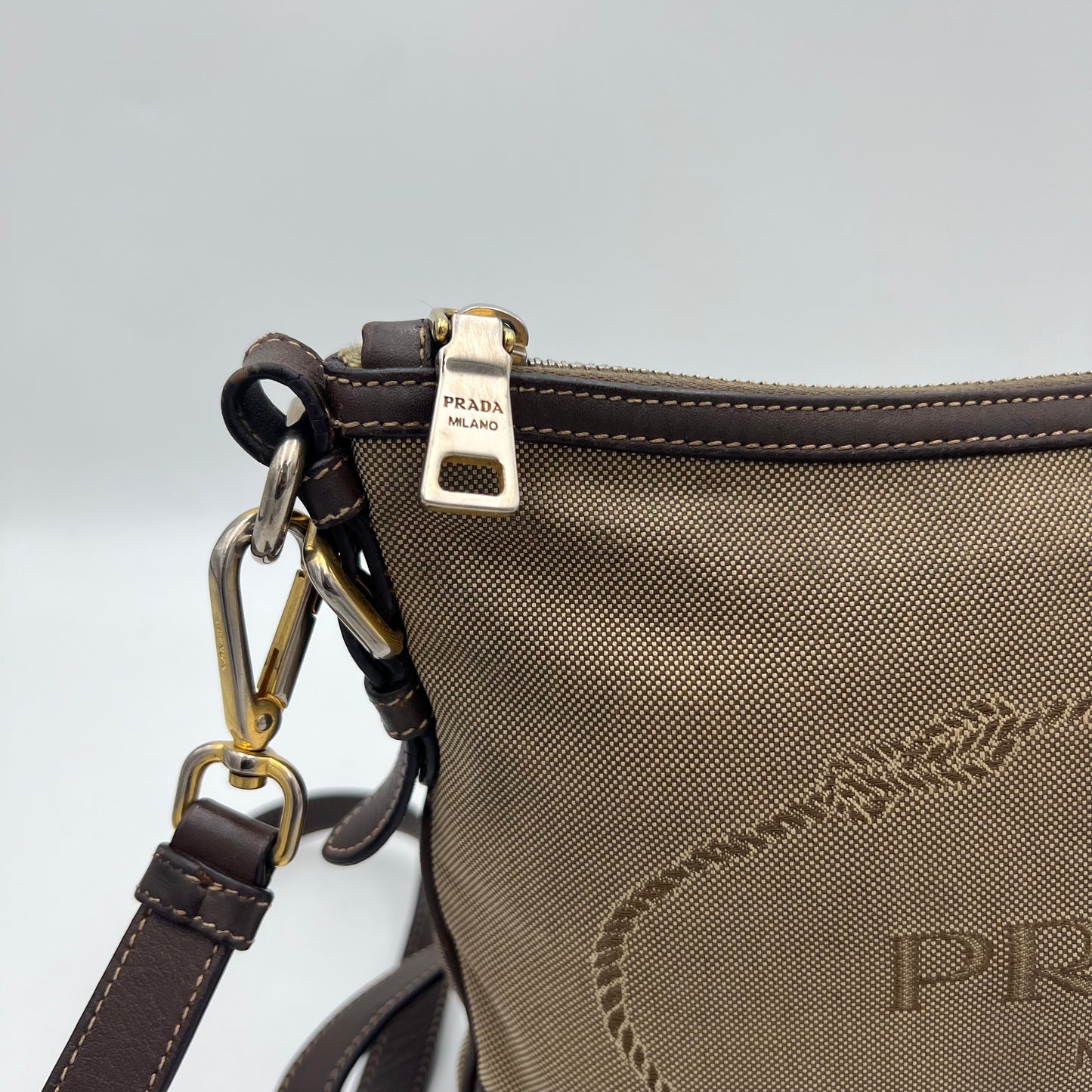 Prada Beige Jacquard Logo Brown Leather Hobo Crossbody