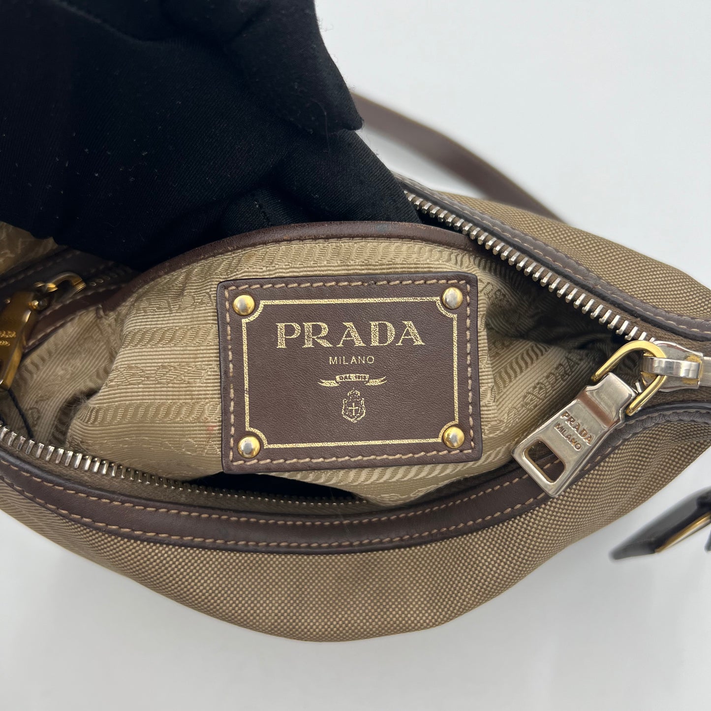 Prada Beige Jacquard Logo Brown Leather Hobo Crossbody