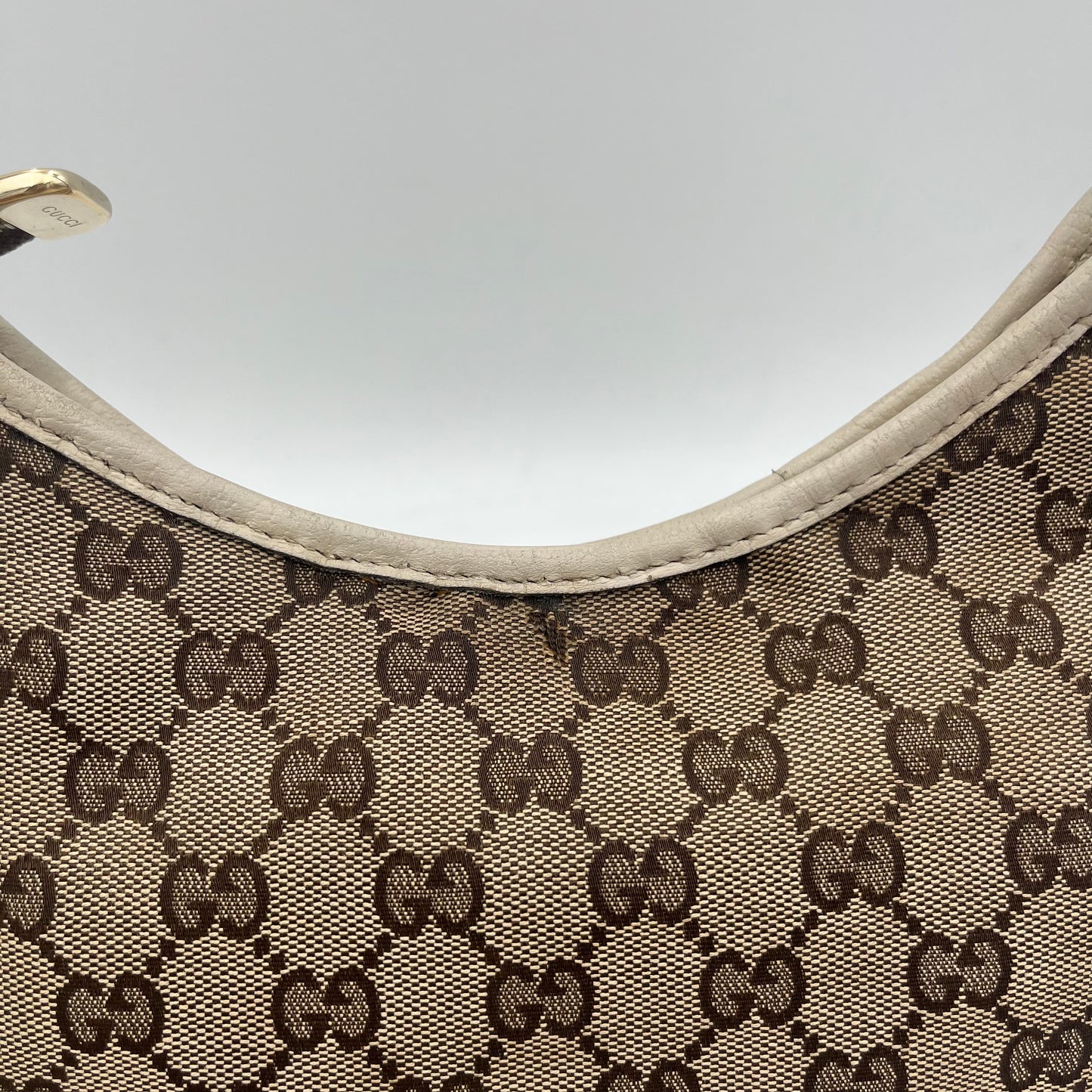 Gucci Monogram Canvas White Leather Abbey D-Ring Hobo Shoulder Bag