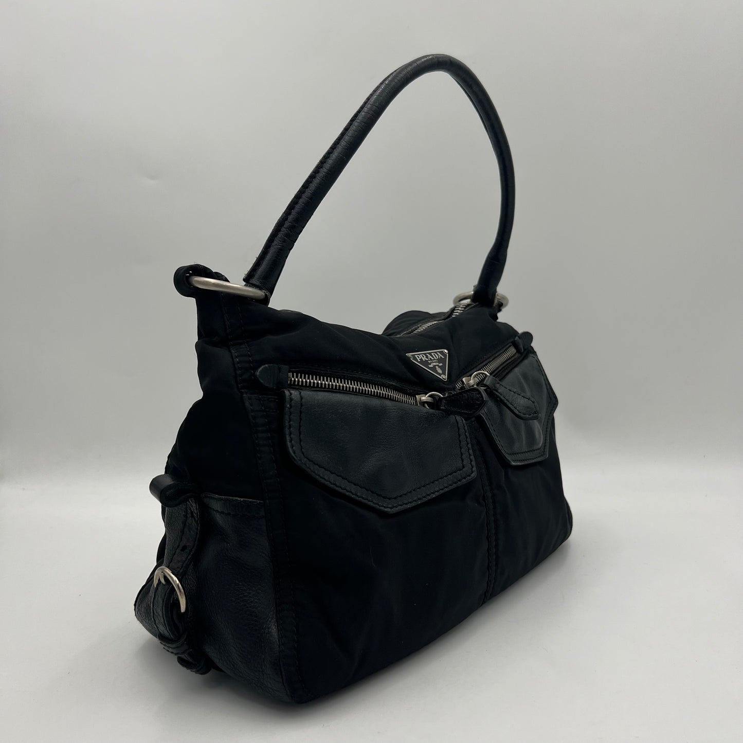 Prada Black Nylon x Leather Cargo Hobo Shoulder Bag