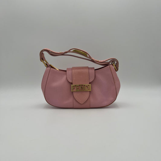 Fendi Pink Leather Logo Plate Hobo Shoulder Bag