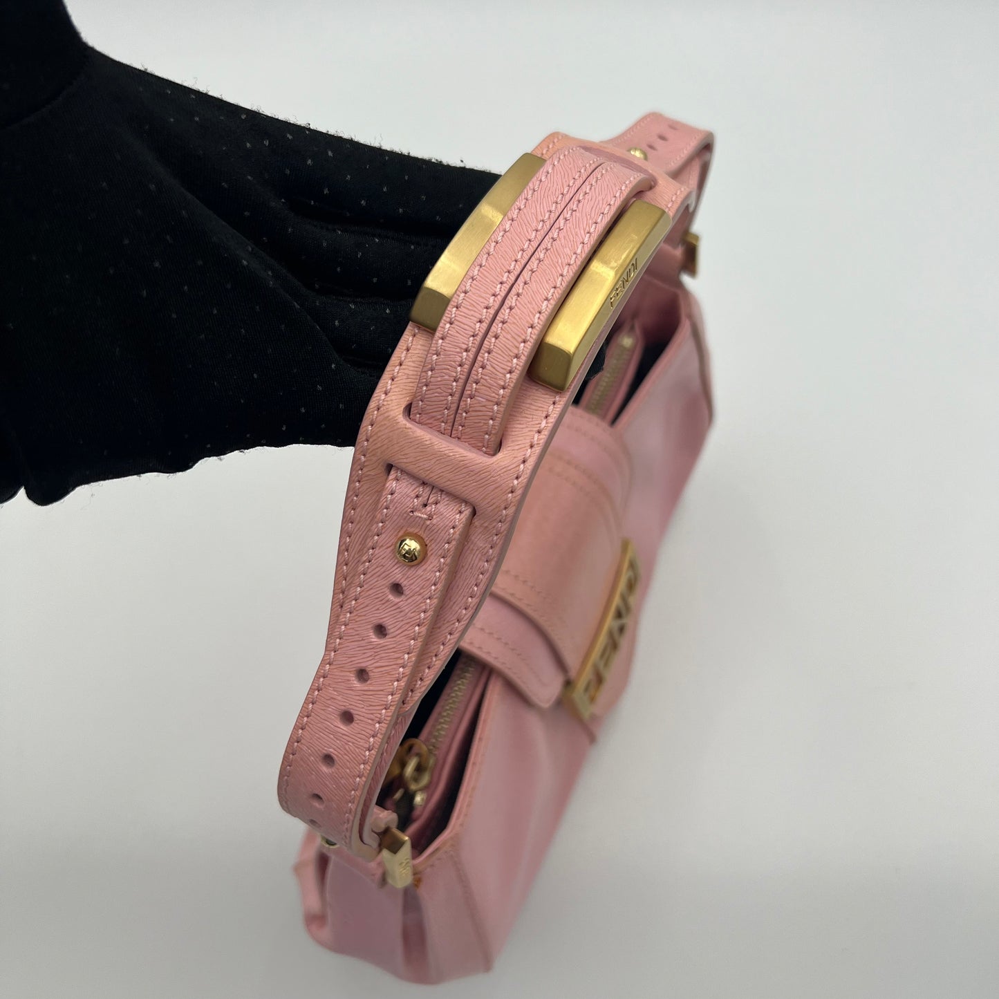 Fendi Pink Leather Logo Plate Hobo Shoulder Bag