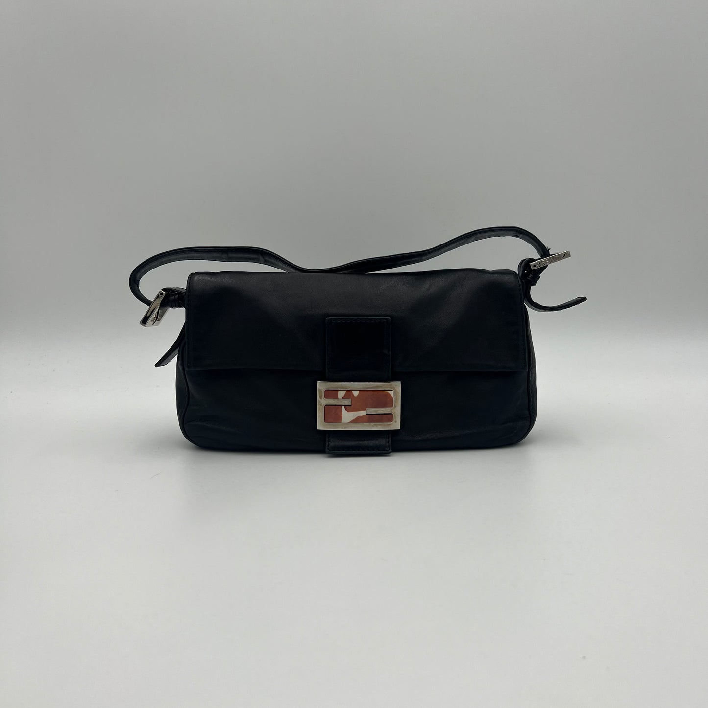 Fendi Black Lamb Leather Marble Buckle Baguette