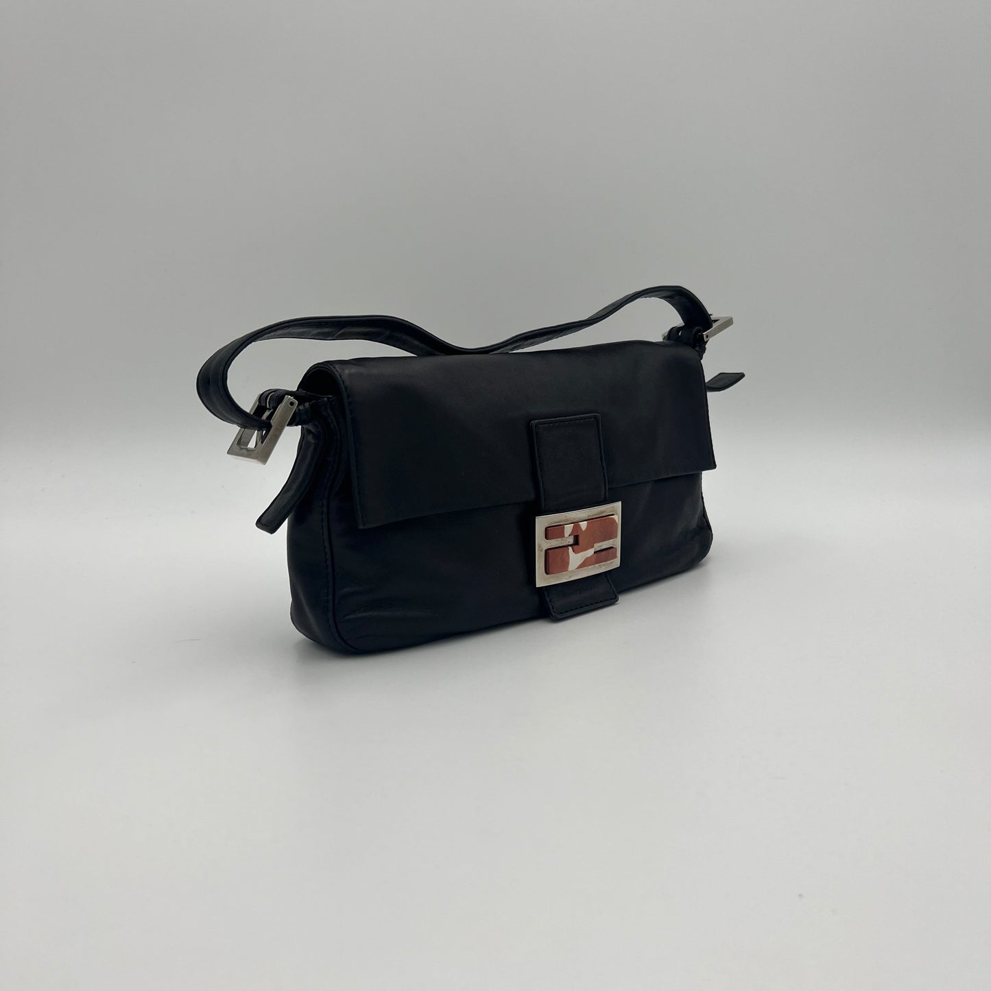 Fendi Black Lamb Leather Marble Buckle Baguette