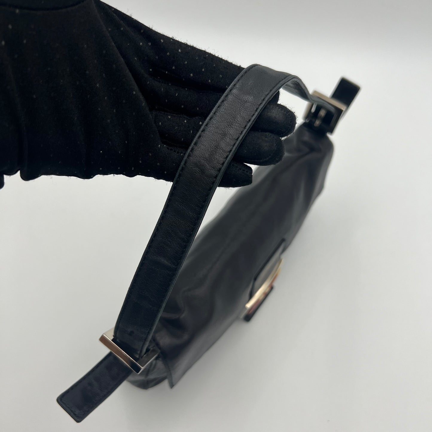 Fendi Black Lamb Leather Marble Buckle Baguette