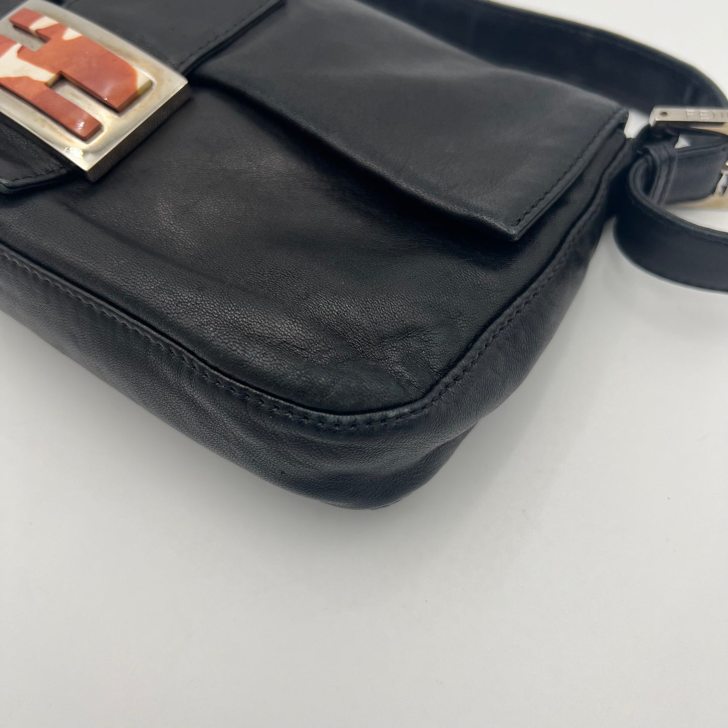Fendi Black Lamb Leather Marble Buckle Baguette