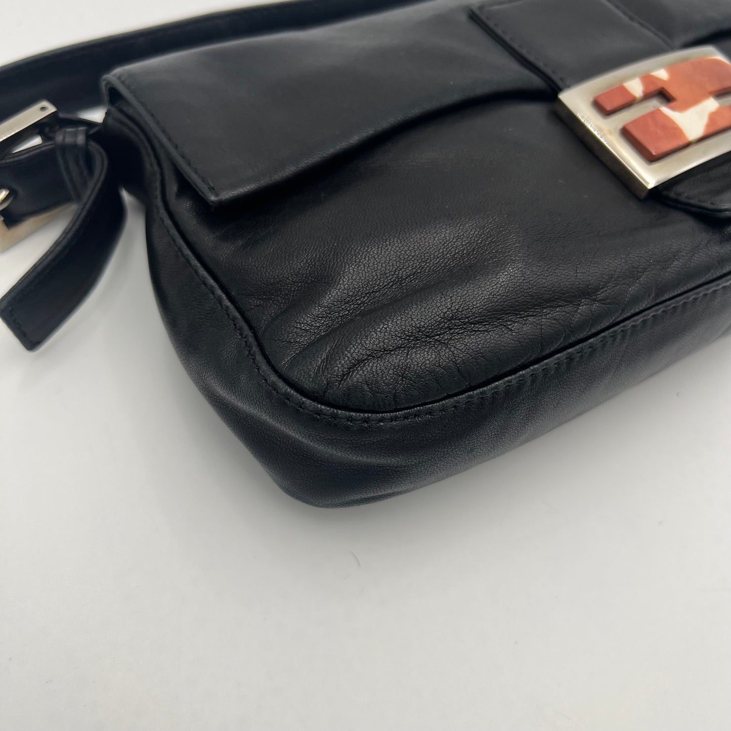 Fendi Black Lamb Leather Marble Buckle Baguette