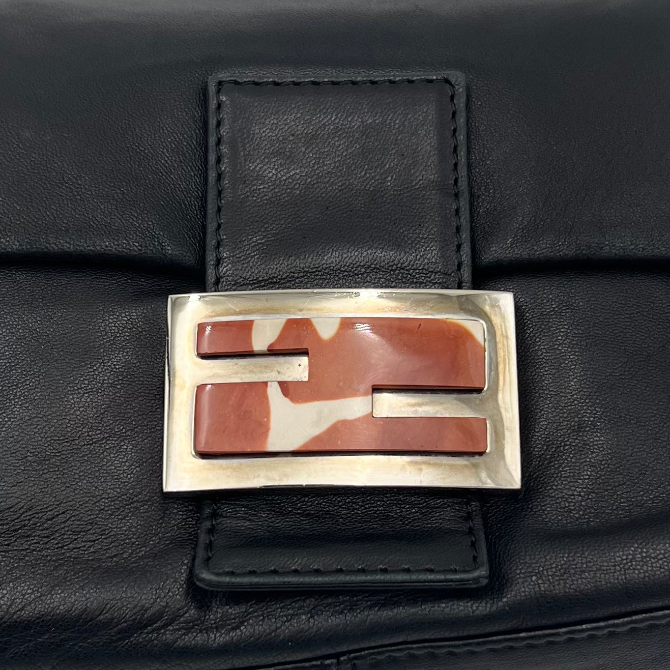 Fendi Black Lamb Leather Marble Buckle Baguette