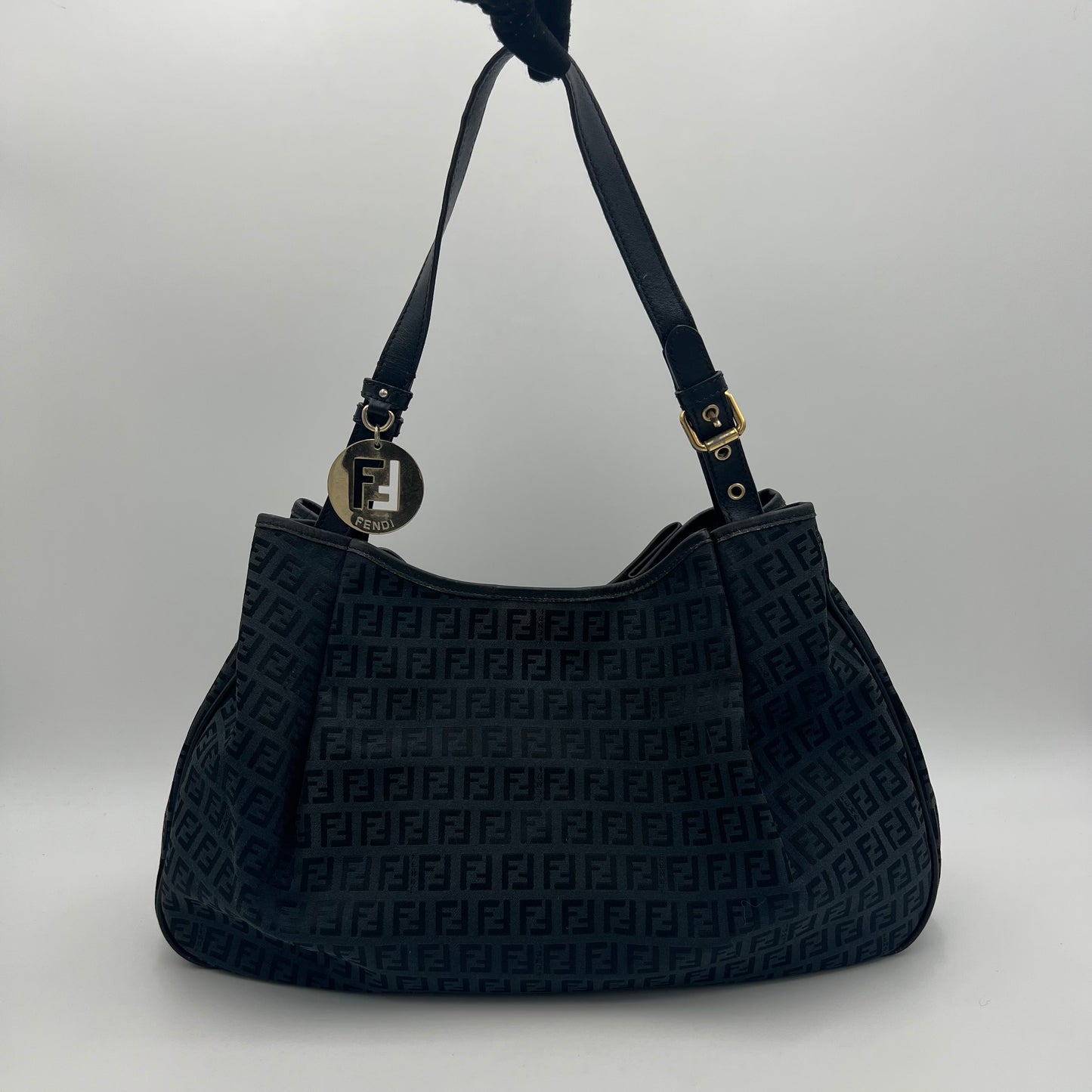 Fendi Black Zucchino Canvas and Leather Large Hobo Shoulder Bag