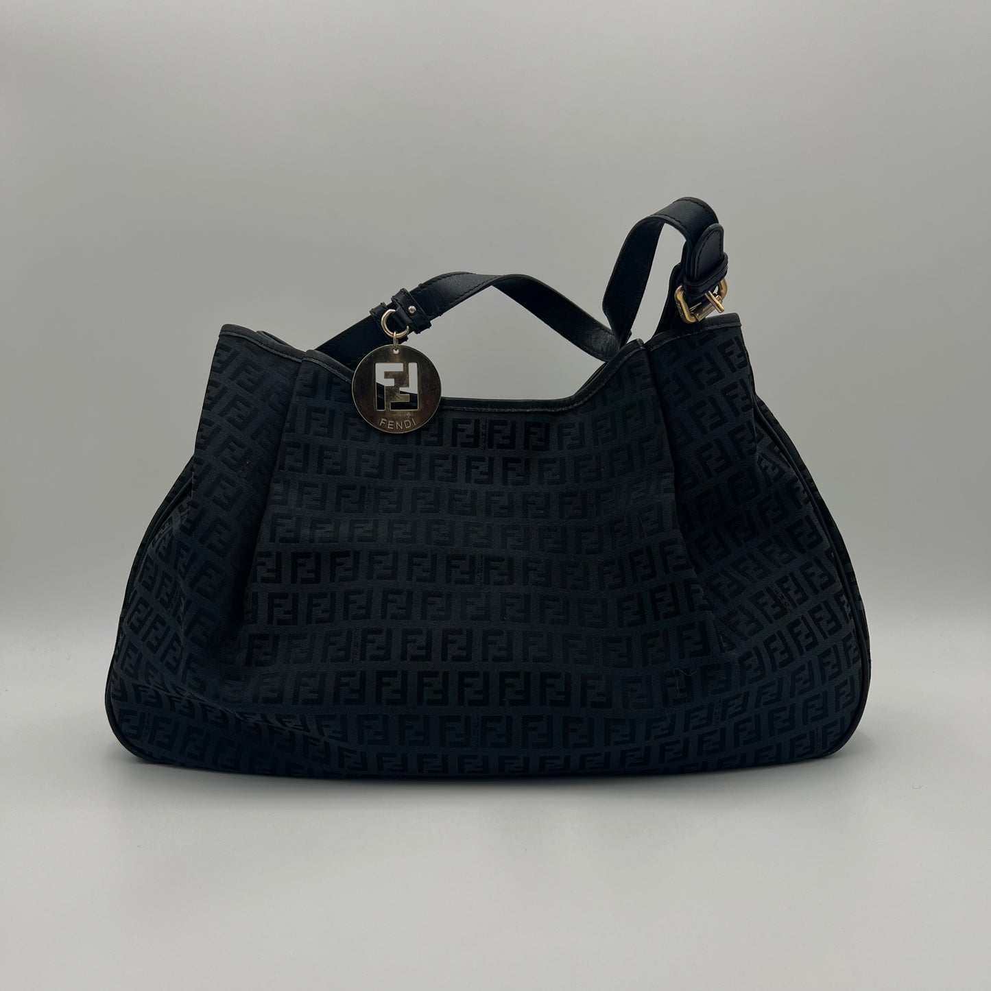 Fendi Black Zucchino Canvas and Leather Large Hobo Shoulder Bag
