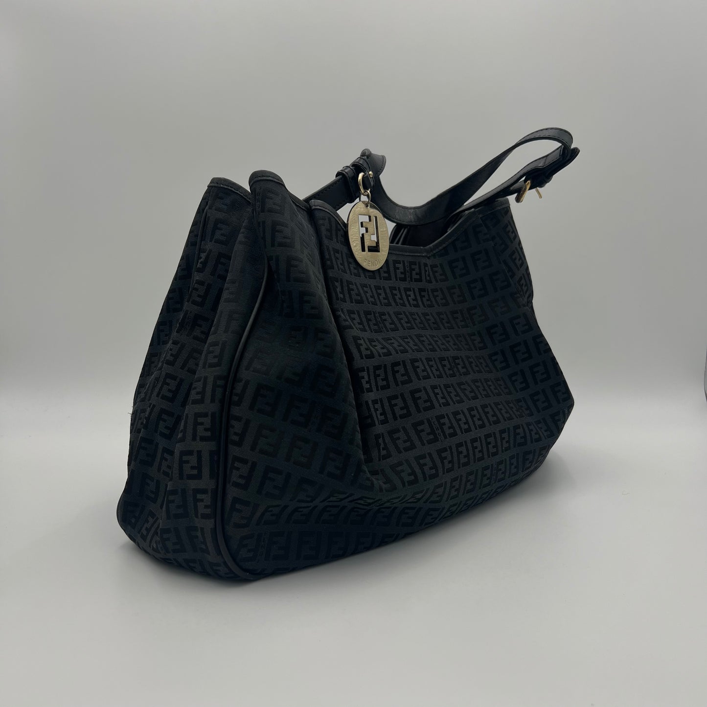 Fendi Black Zucchino Canvas and Leather Large Hobo Shoulder Bag