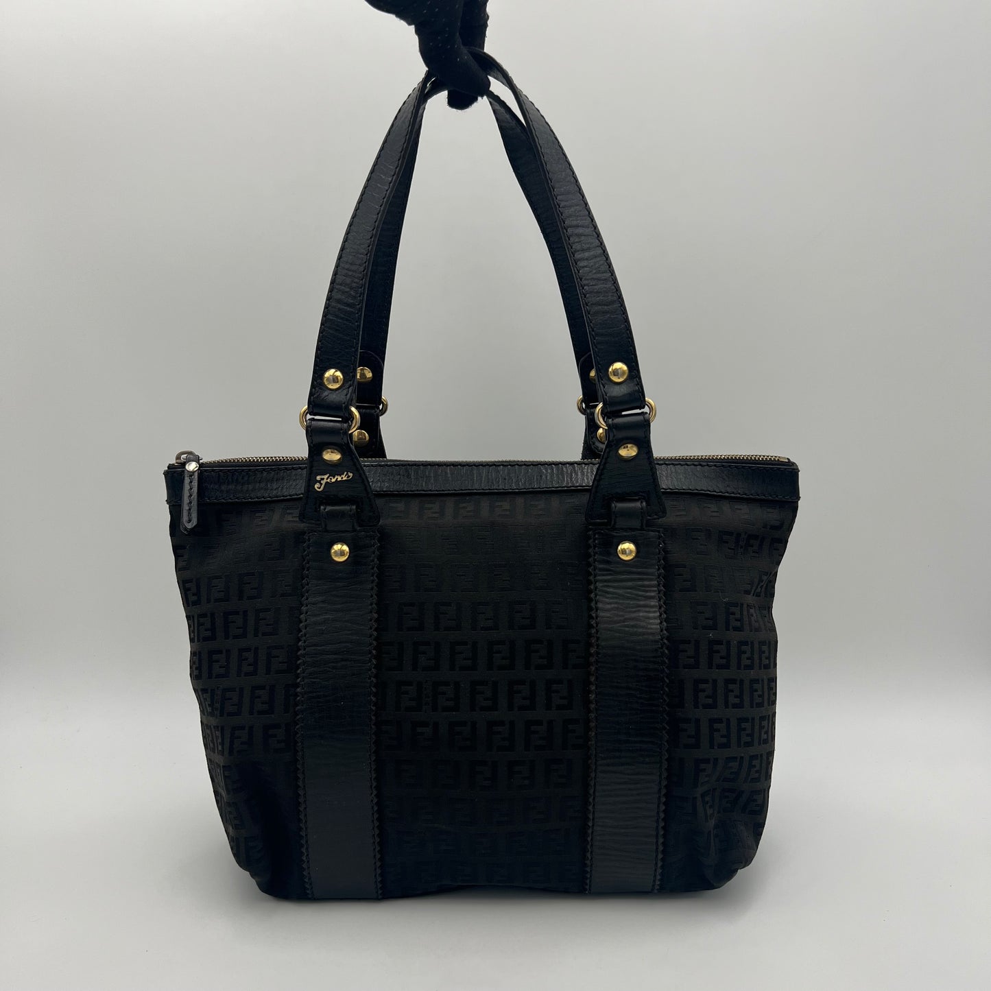 Fendi Black Zucchino Canvas and Leather Zip Tote