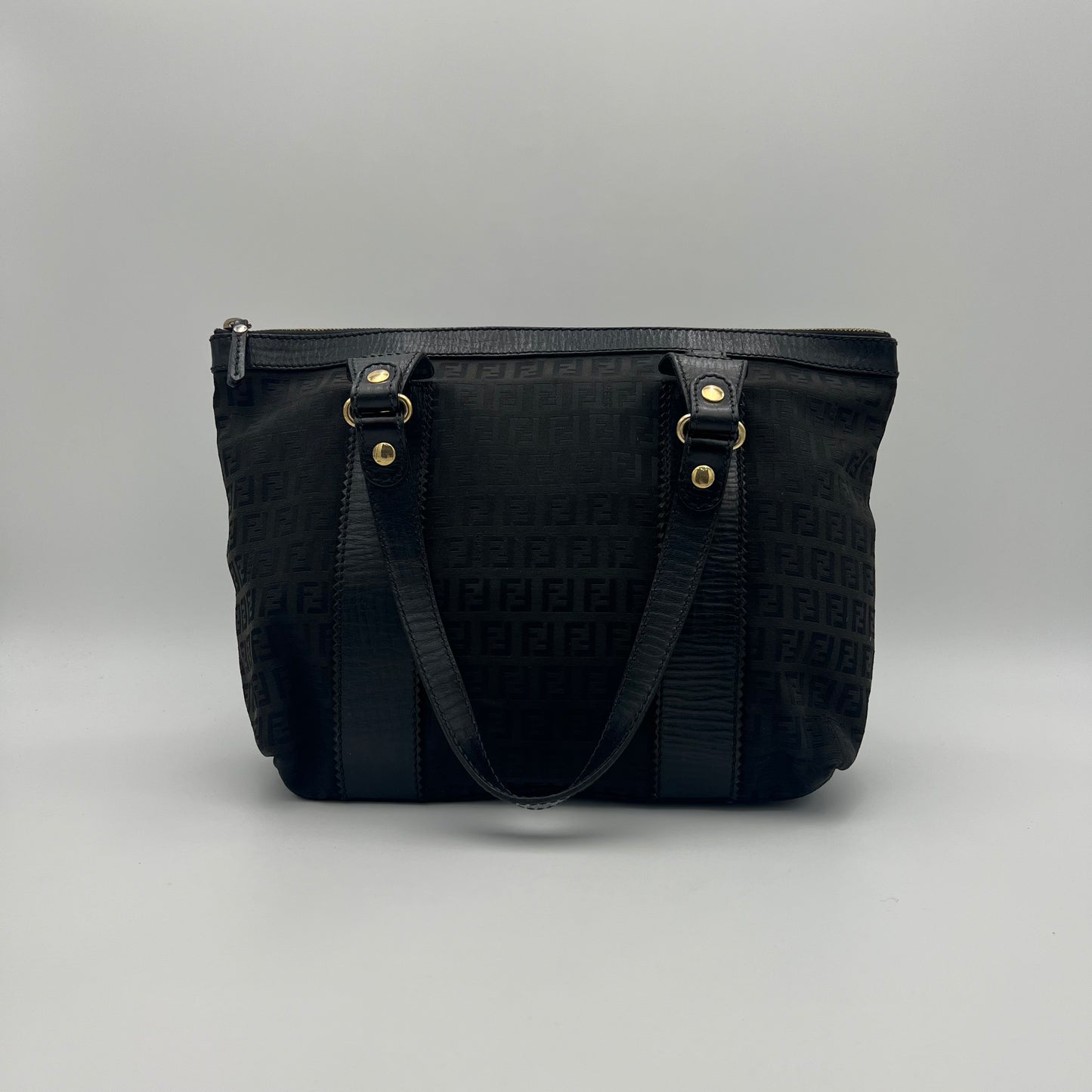 Fendi Black Zucchino Canvas and Leather Zip Tote