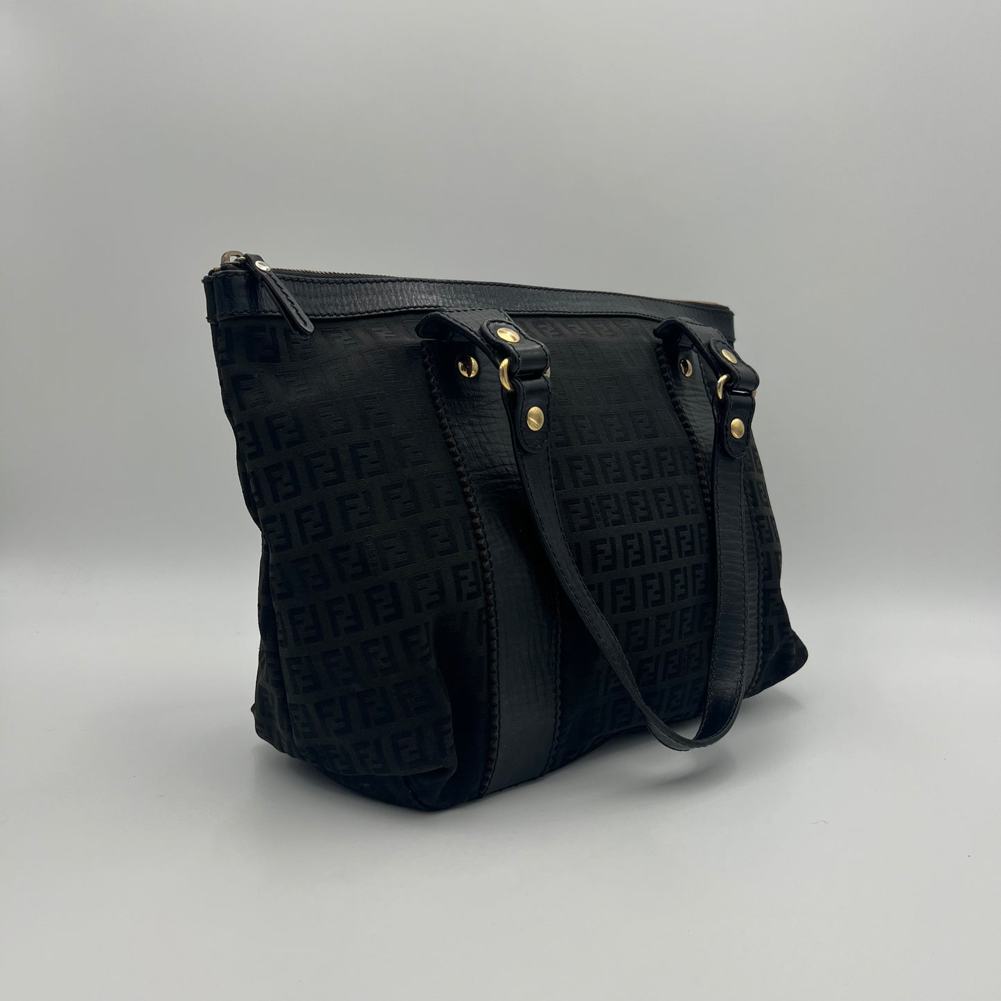 Fendi Black Zucchino Canvas and Leather Zip Tote