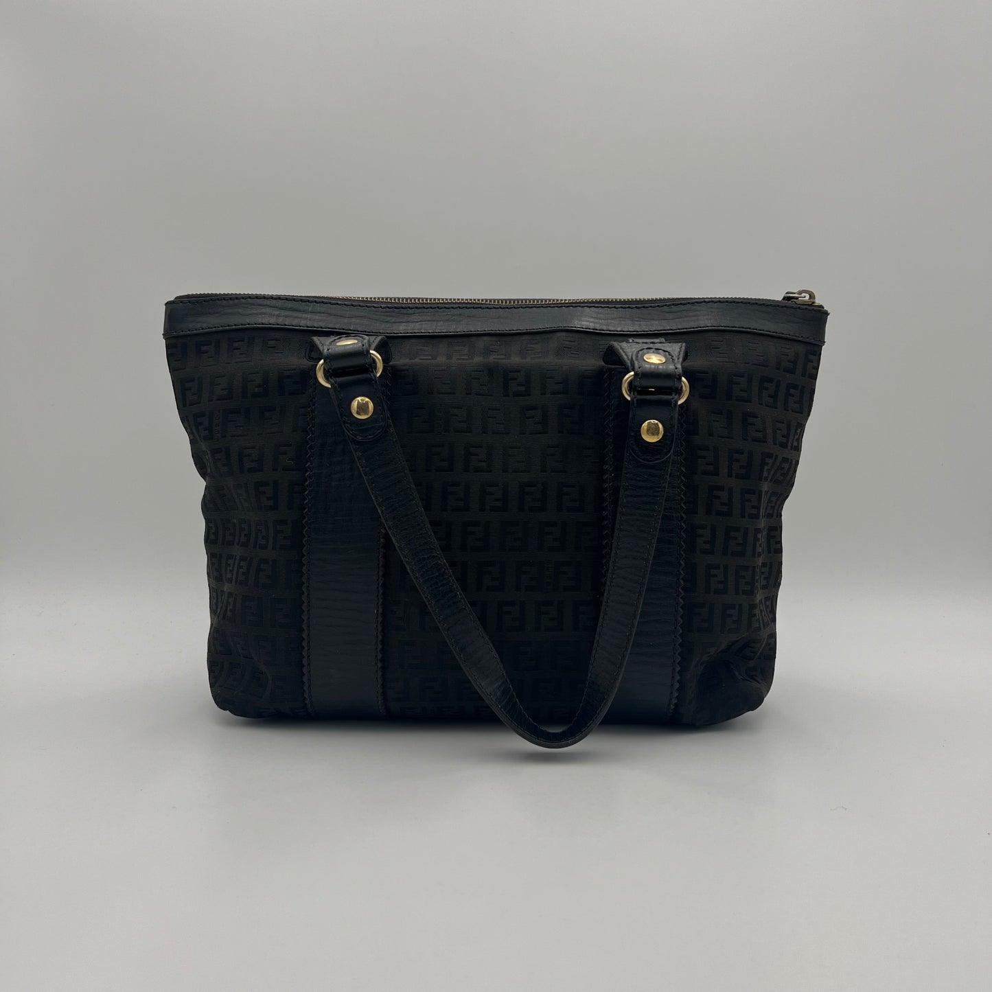 Fendi Black Zucchino Canvas and Leather Zip Tote