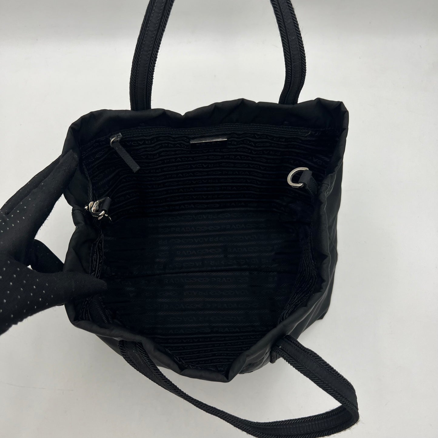 Prada Black Nylon Embroidered Logo Small Open Handbag