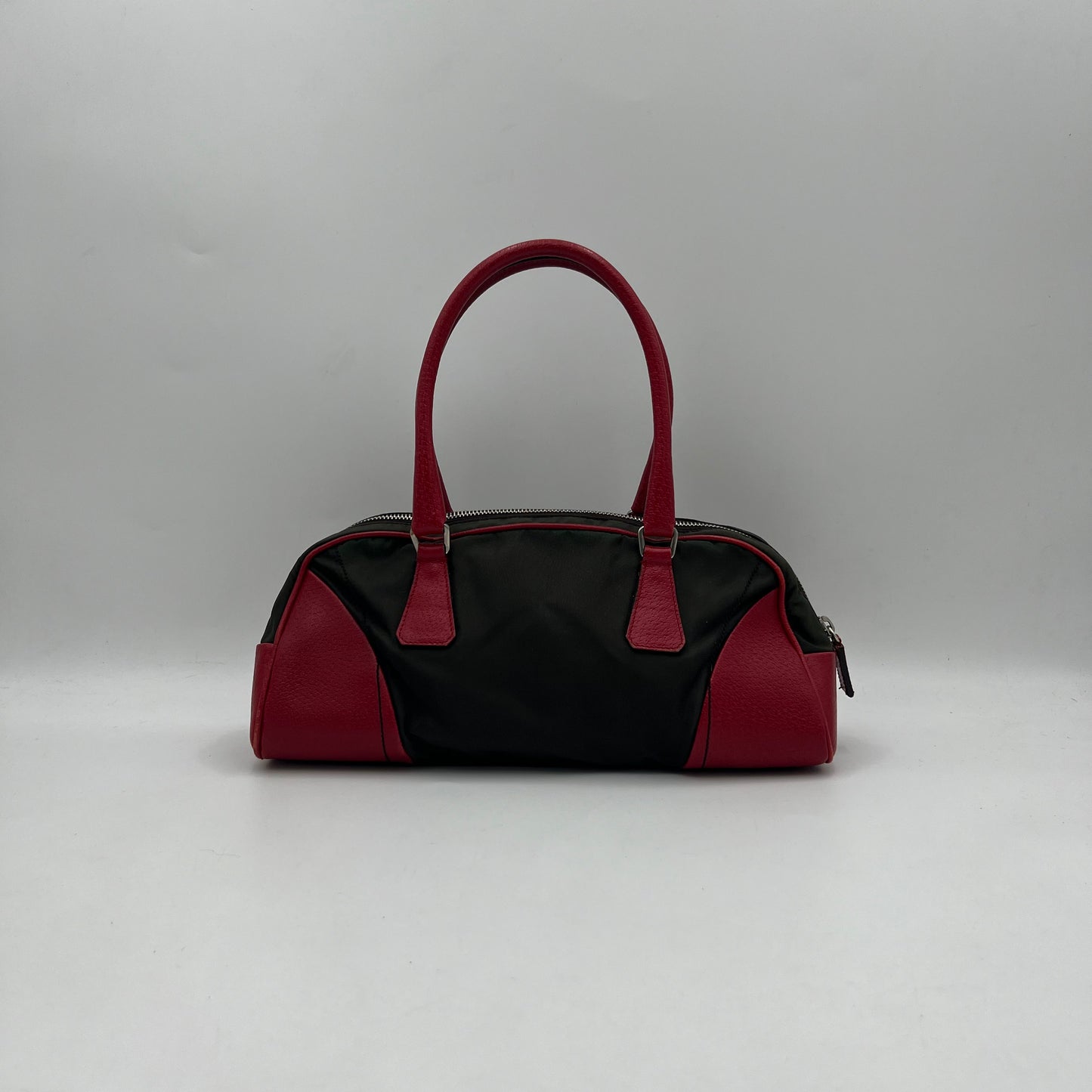 Prada Green Nylon Red Leather Bowler Bag