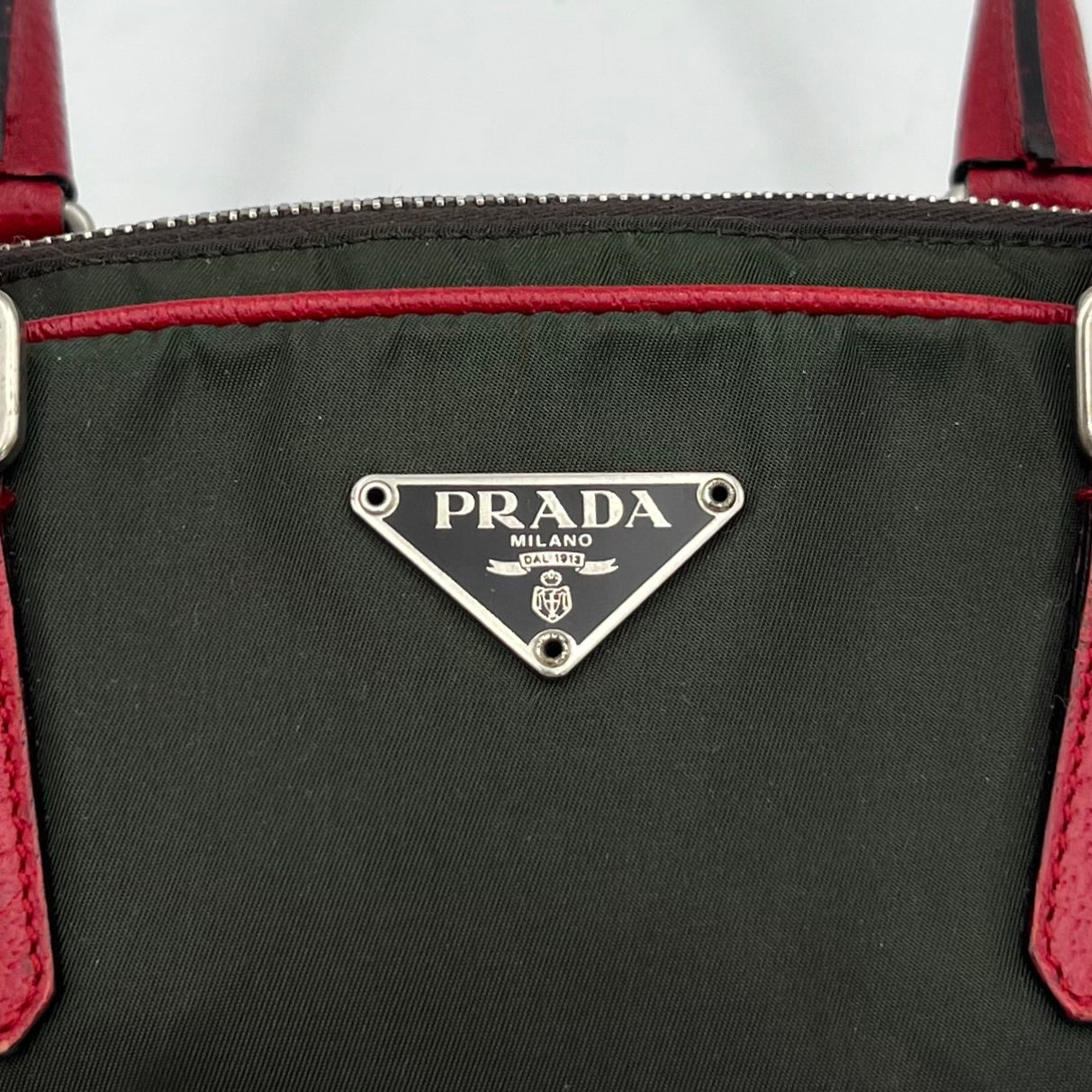 Prada Green Nylon Red Leather Bowler Bag