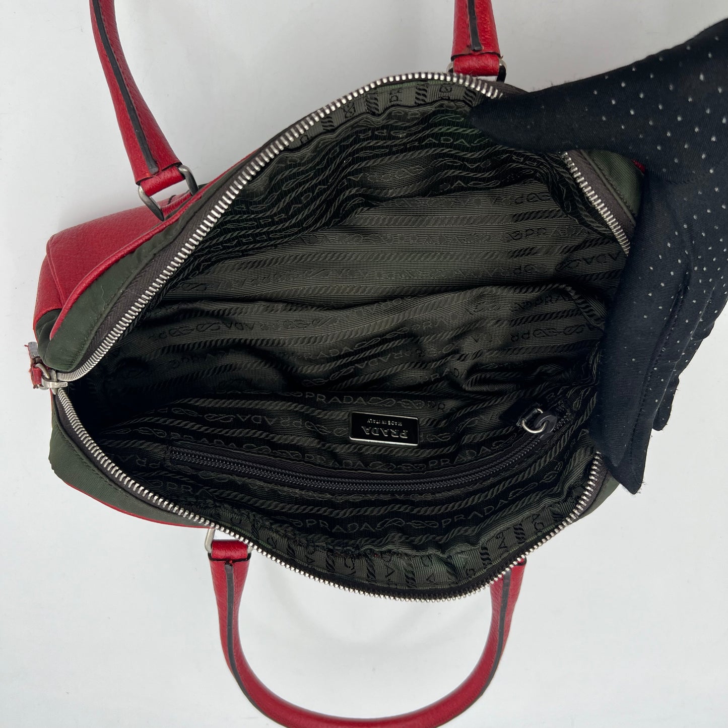 Prada Green Nylon Red Leather Bowler Bag