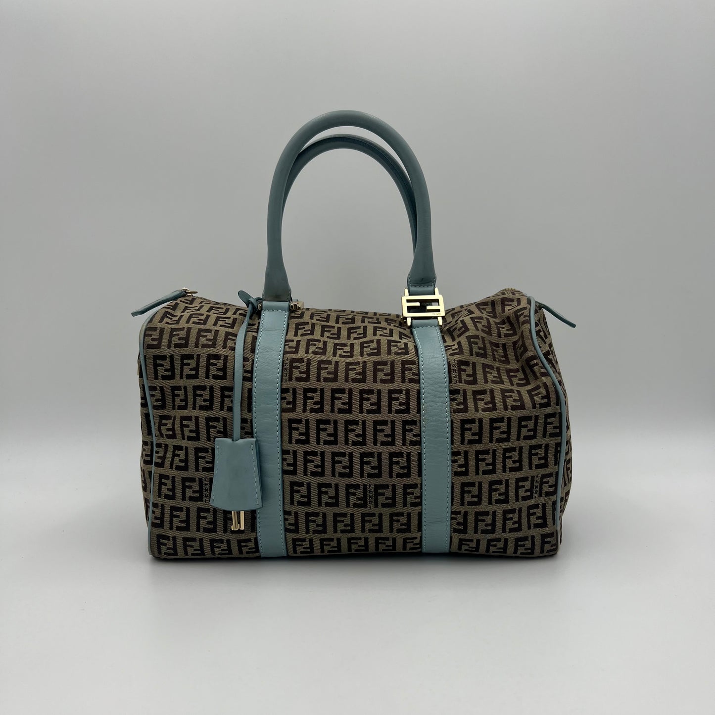 Fendi Brown Zucchino Light Blue Leather Boston 30