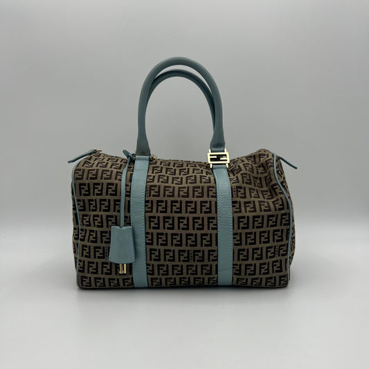 Fendi Brown Zucchino Light Blue Leather Boston 30