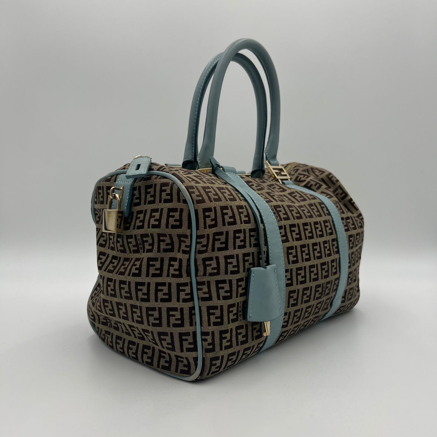 Fendi Brown Zucchino Light Blue Leather Boston 30