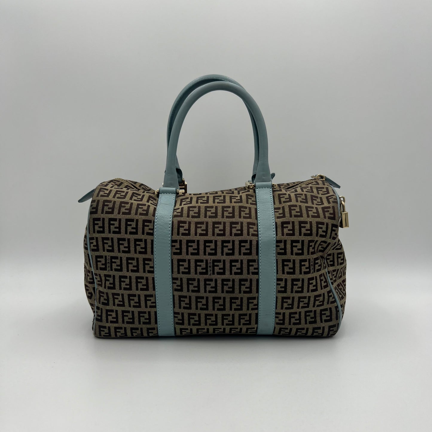Fendi Brown Zucchino Light Blue Leather Boston 30