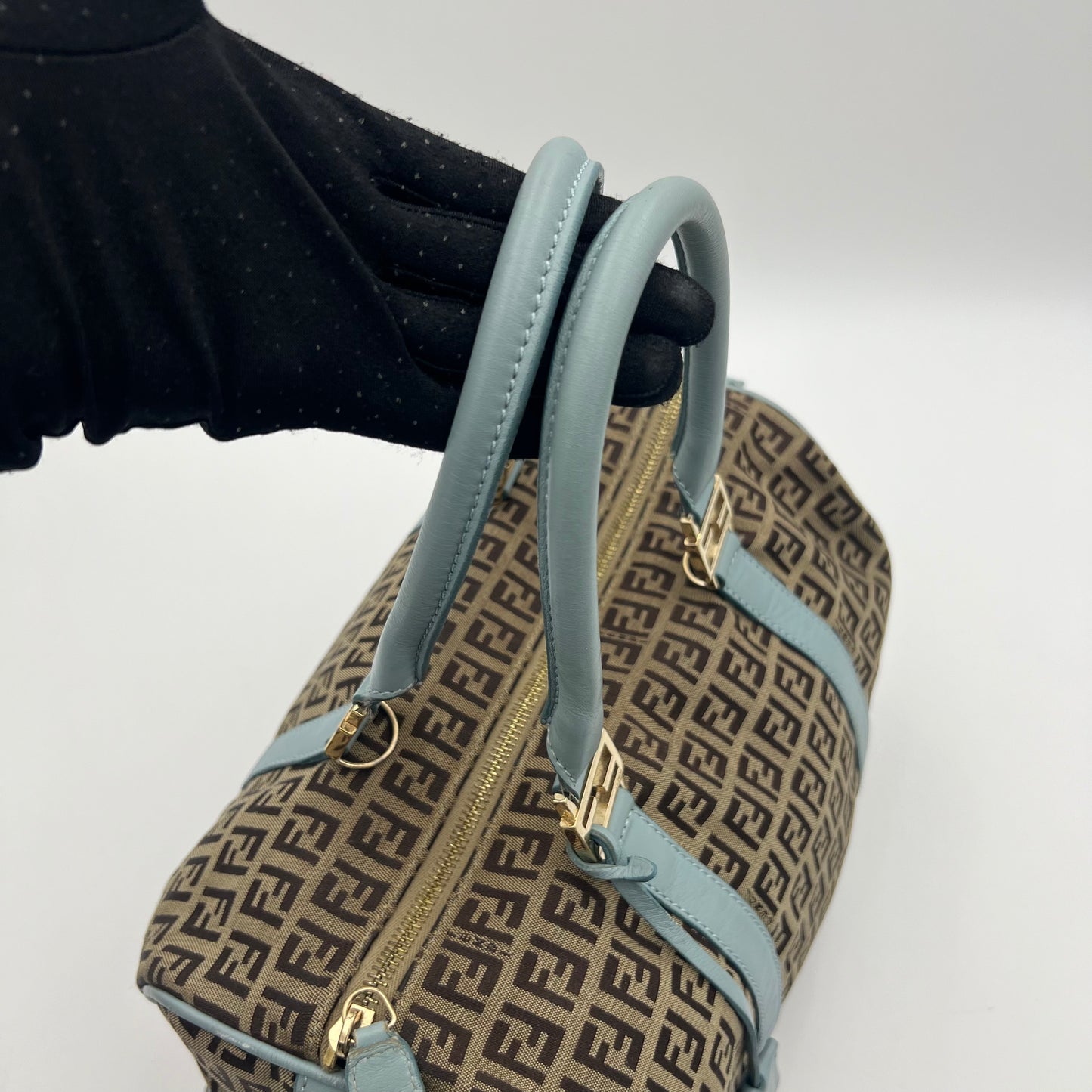 Fendi Brown Zucchino Light Blue Leather Boston 30