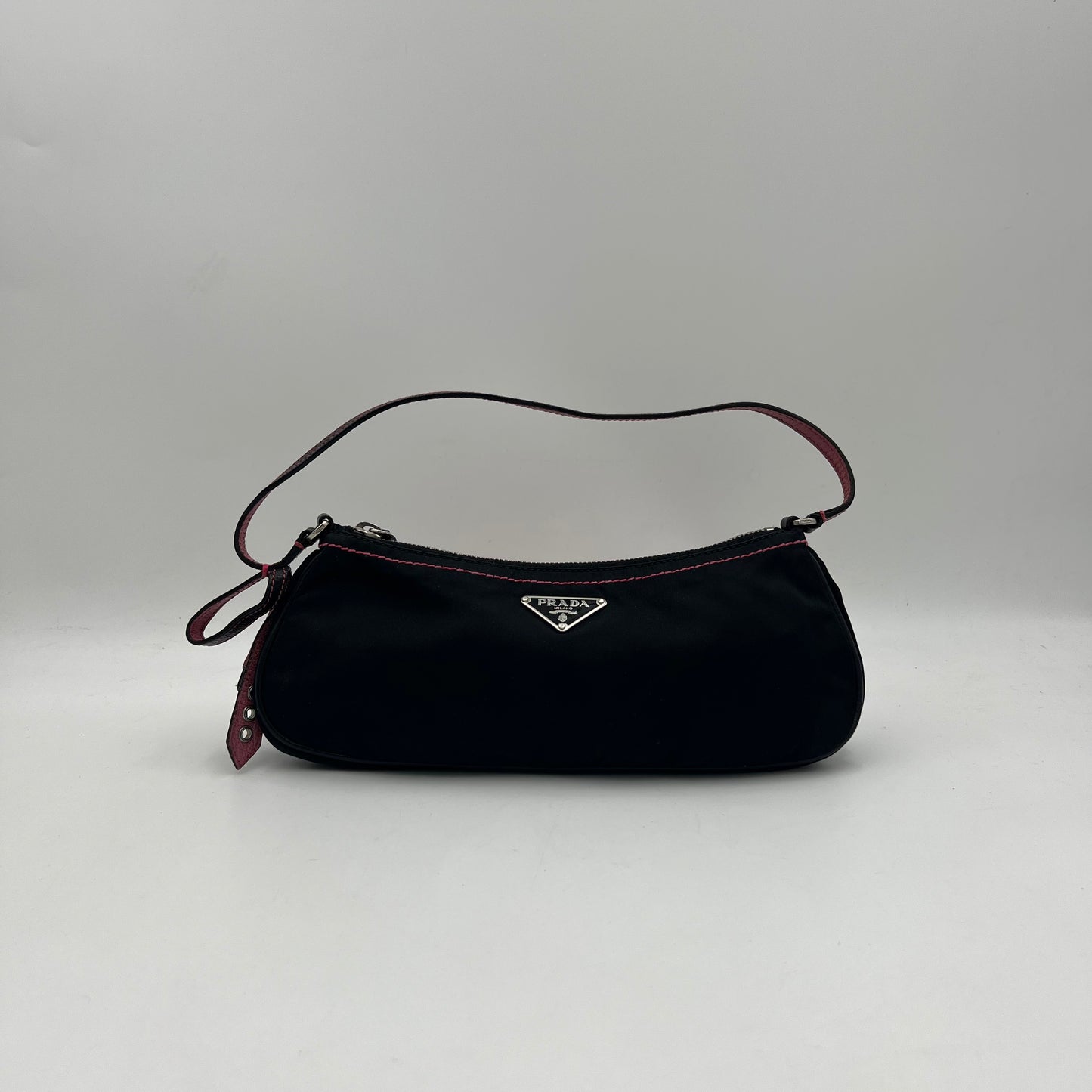 Prada Black Nylon Pink Stitched Pochette