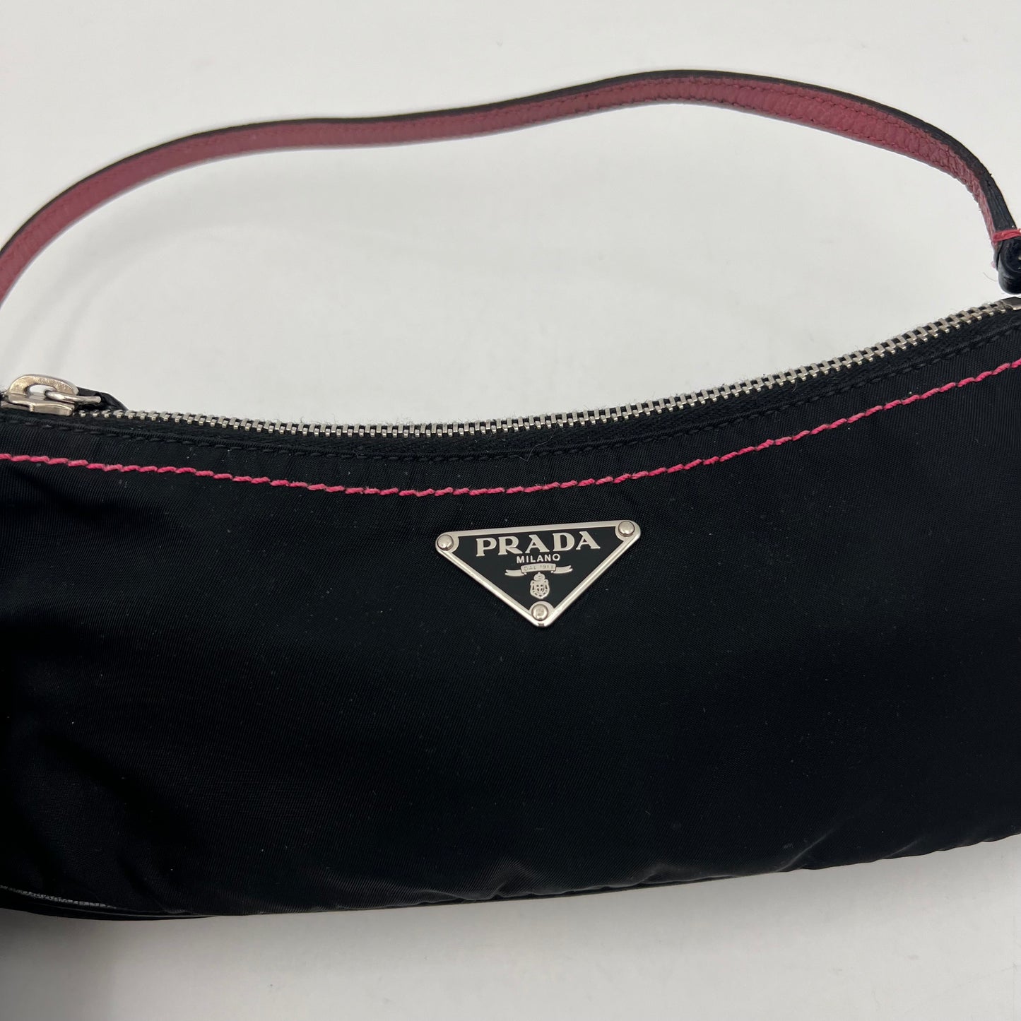 Prada Black Nylon Pink Stitched Pochette