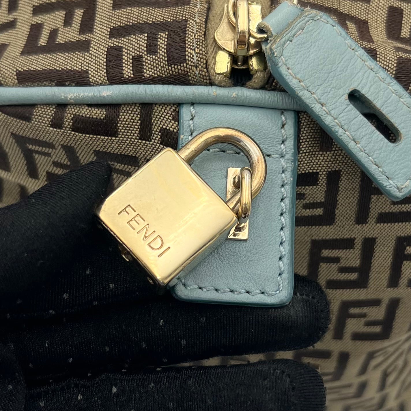 Fendi Brown Zucchino Light Blue Leather Boston 30