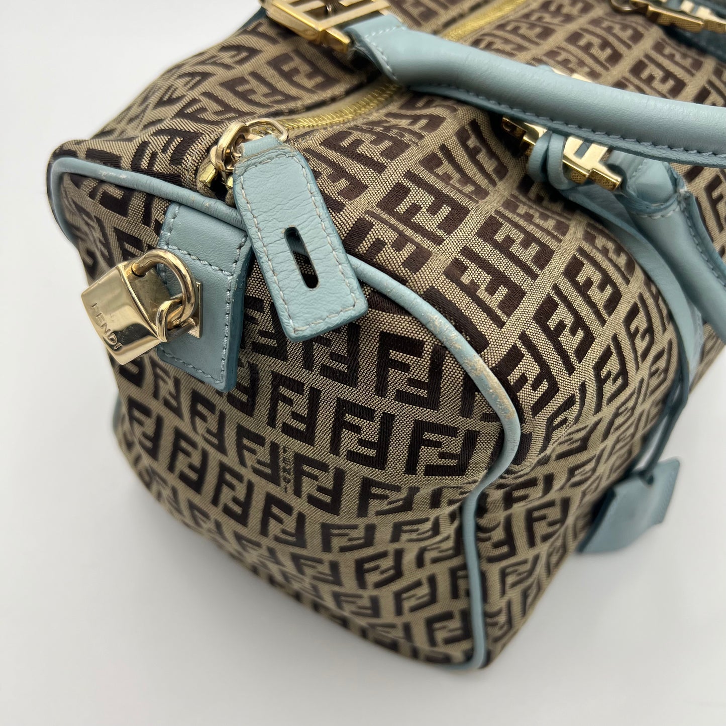 Fendi Brown Zucchino Light Blue Leather Boston 30