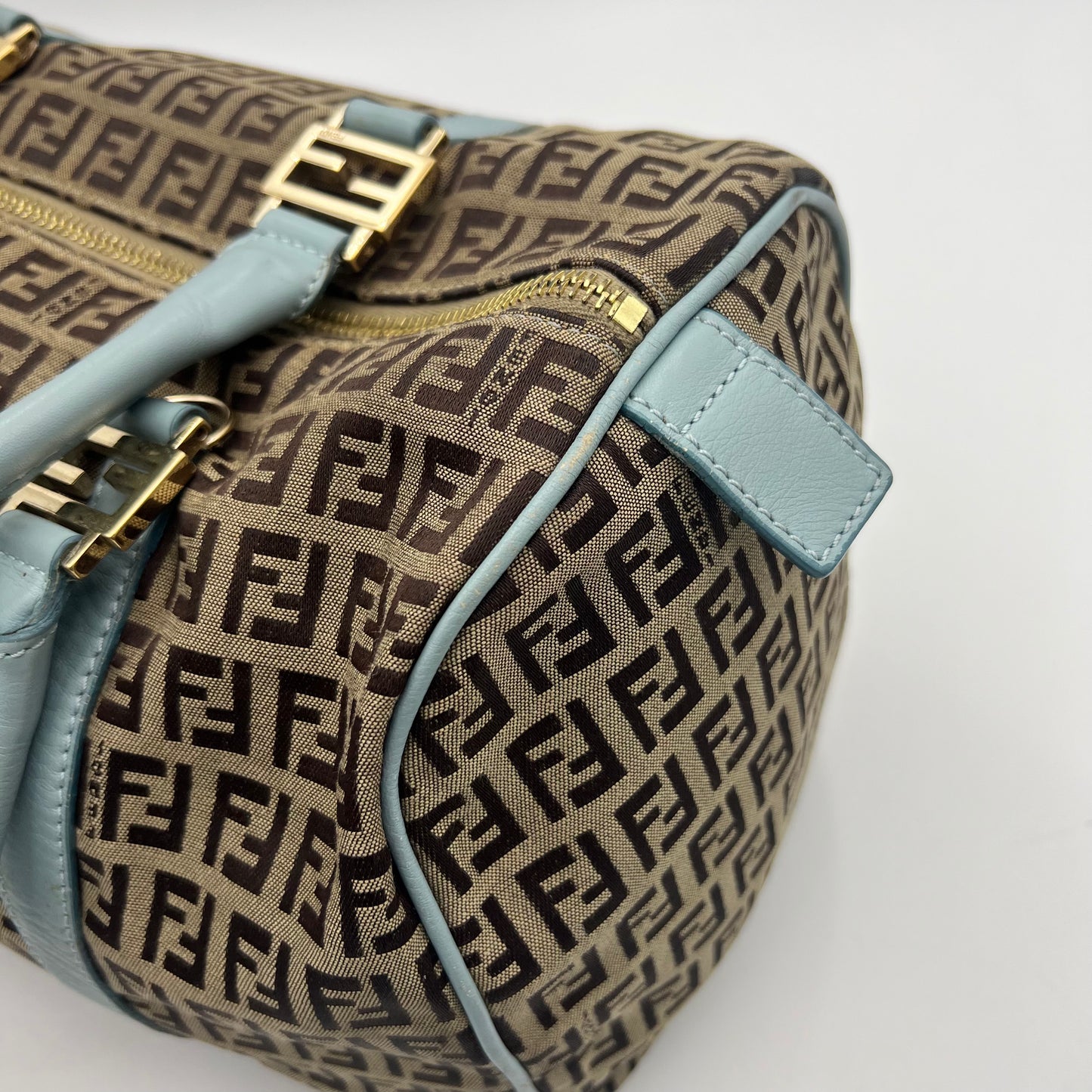 Fendi Brown Zucchino Light Blue Leather Boston 30