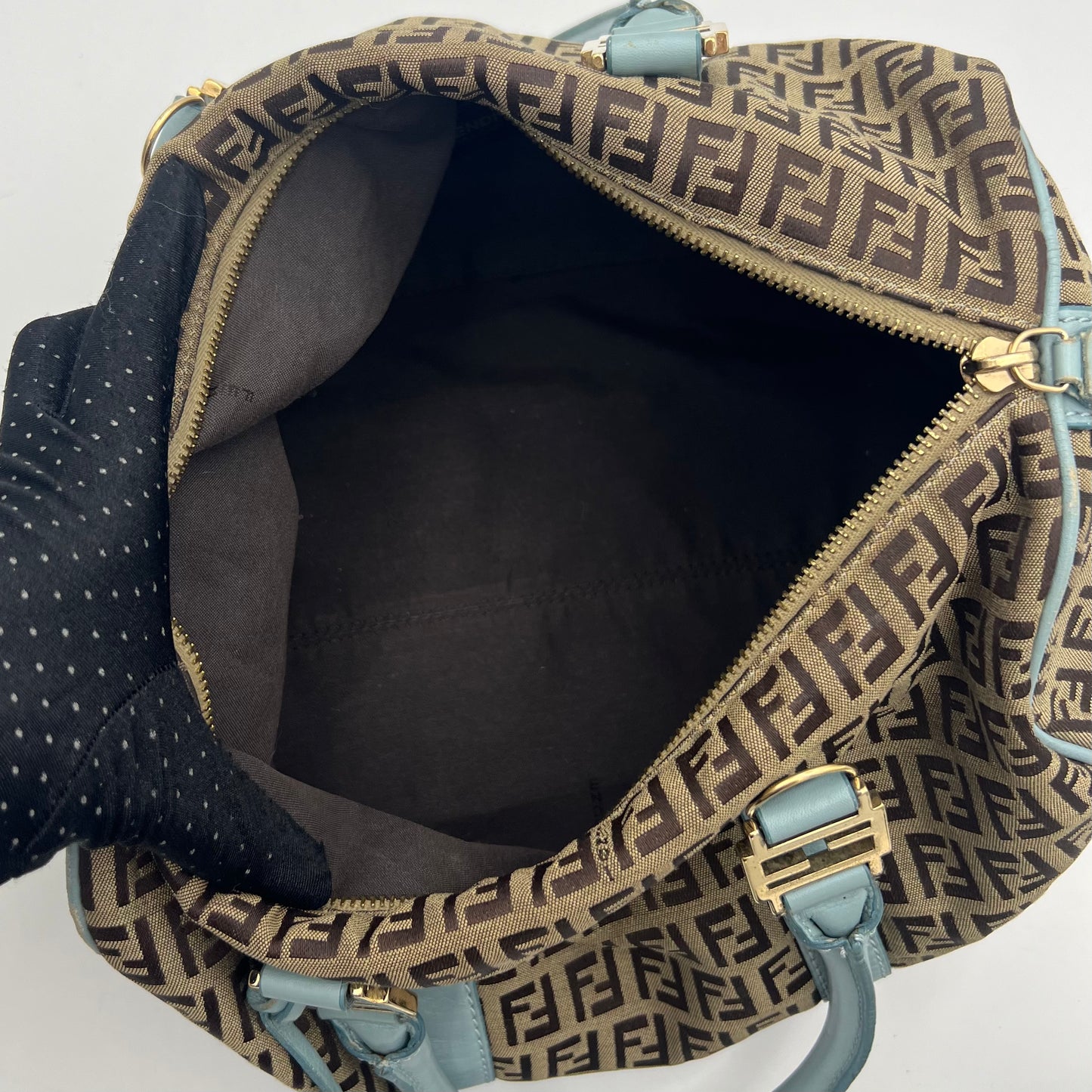 Fendi Brown Zucchino Light Blue Leather Boston 30