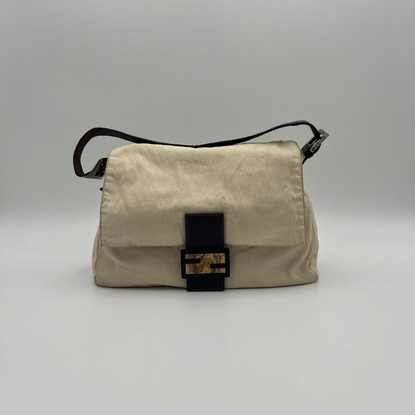 Fendi Off White Cloth Brown Leather Mamma Baguette