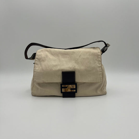 Fendi Off White Cloth Brown Leather Mamma Baguette