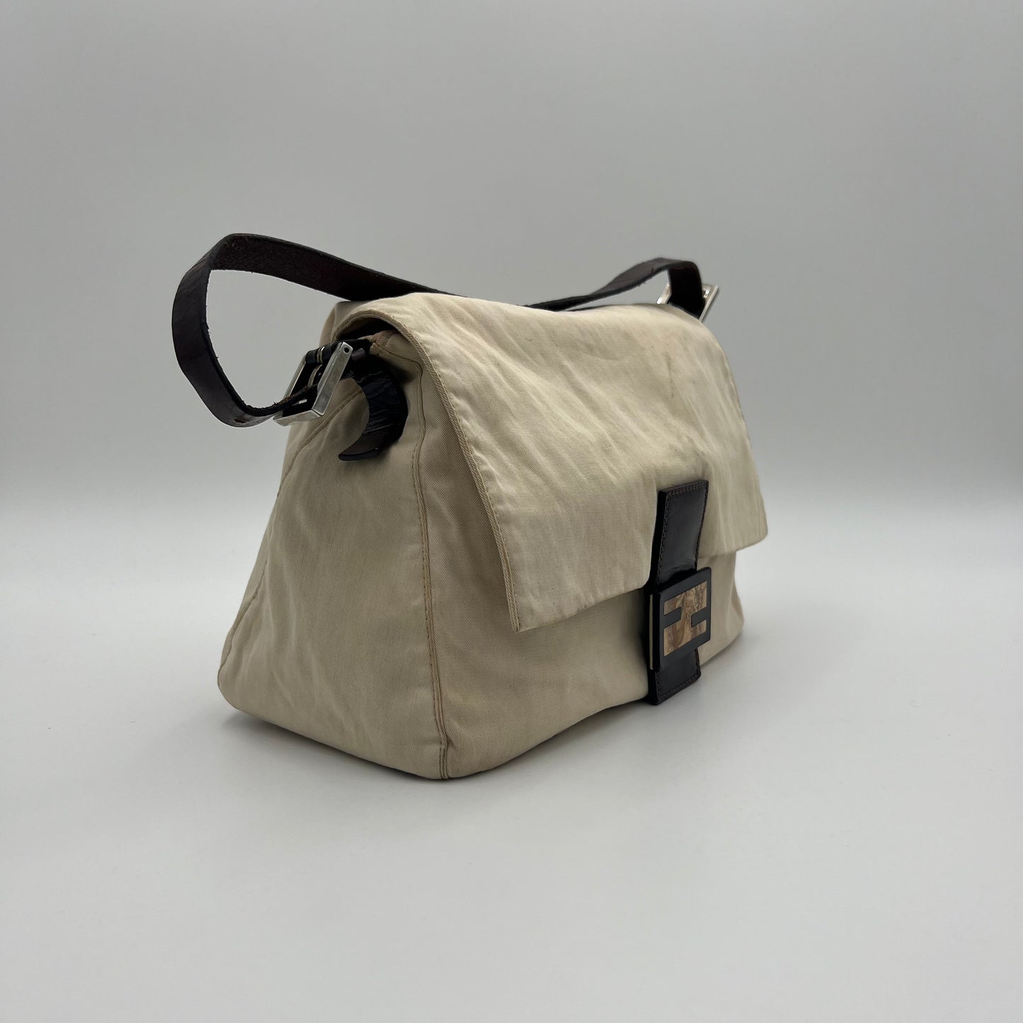 Fendi Off White Cloth Brown Leather Mamma Baguette