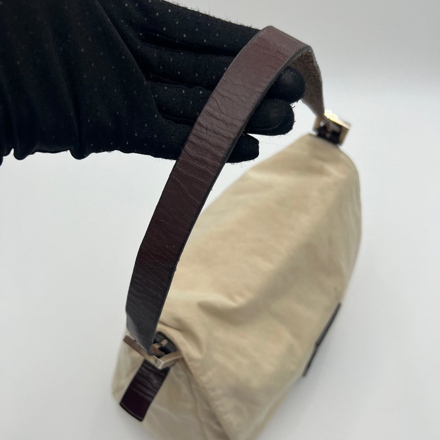Fendi Off White Cloth Brown Leather Mamma Baguette
