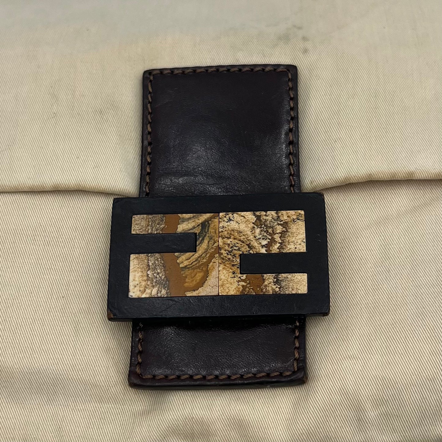 Fendi Off White Cloth Brown Leather Mamma Baguette