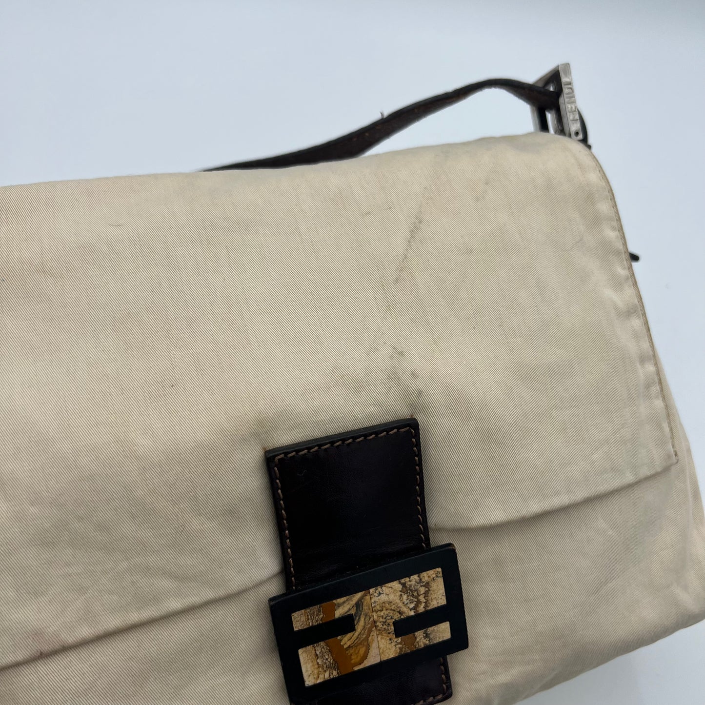 Fendi Off White Cloth Brown Leather Mamma Baguette