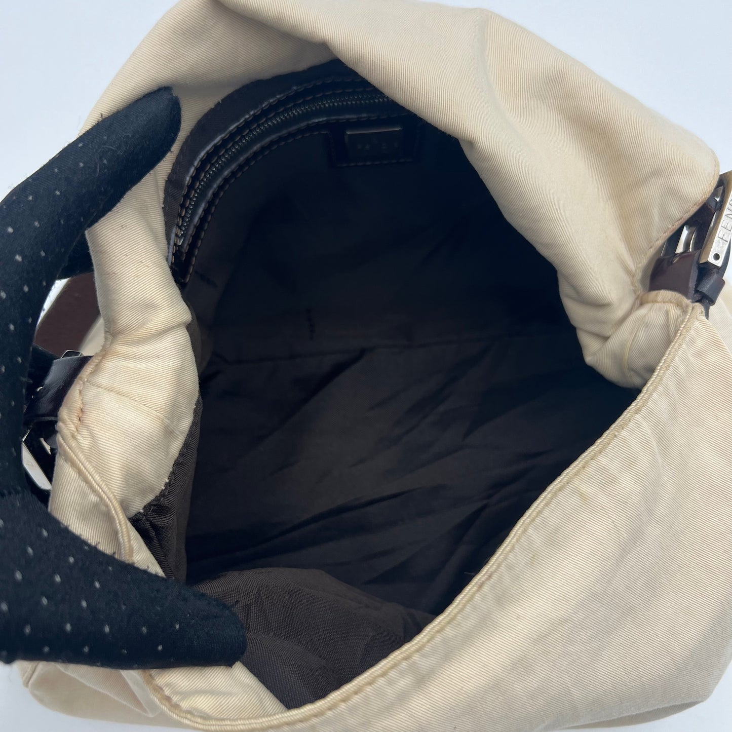 Fendi Off White Cloth Brown Leather Mamma Baguette